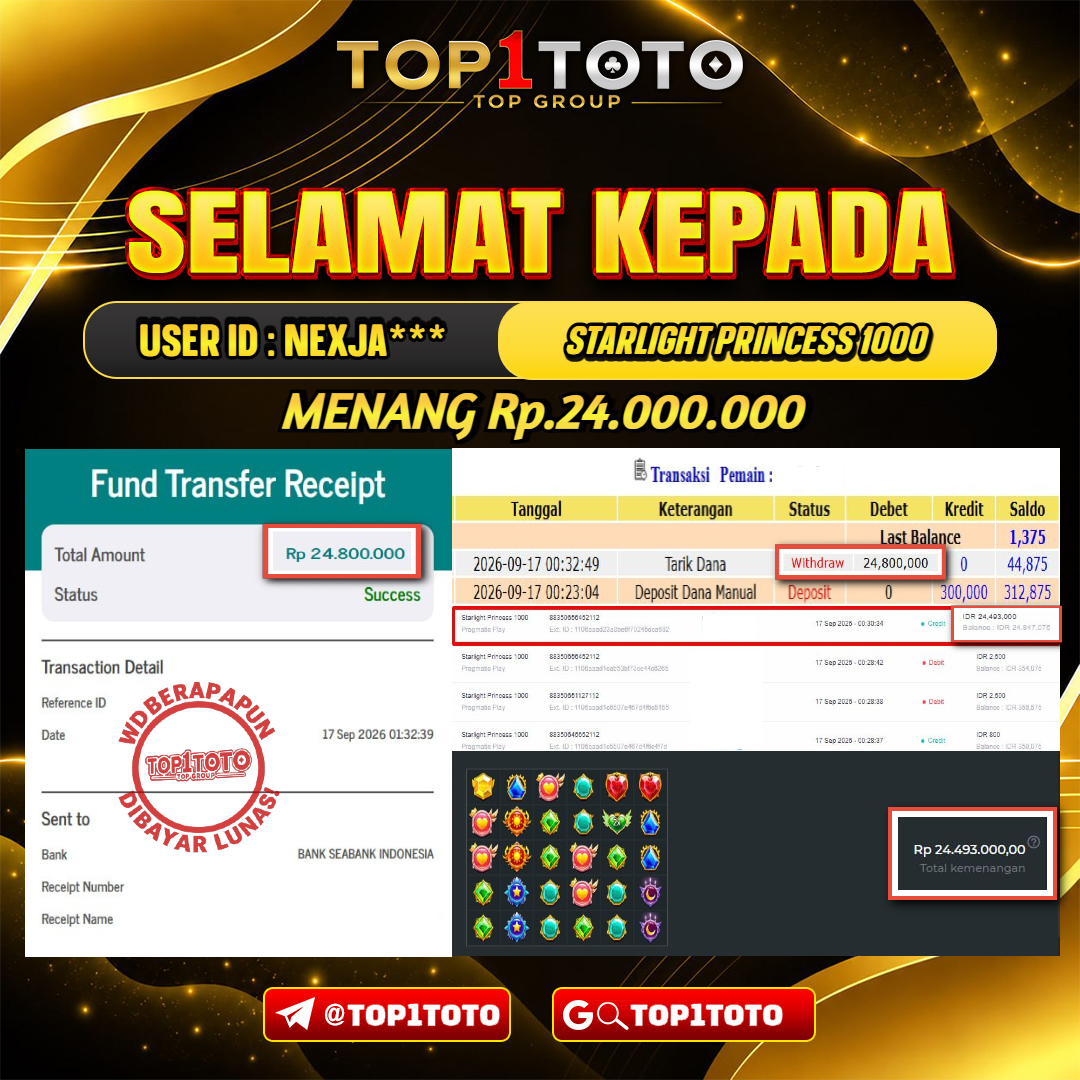 TOP1TOTO JACKPOT SLOT STARLIGHT PRINCESS 1000 Rp.24.000.000 - LUNAS USER ID : NEXJA***