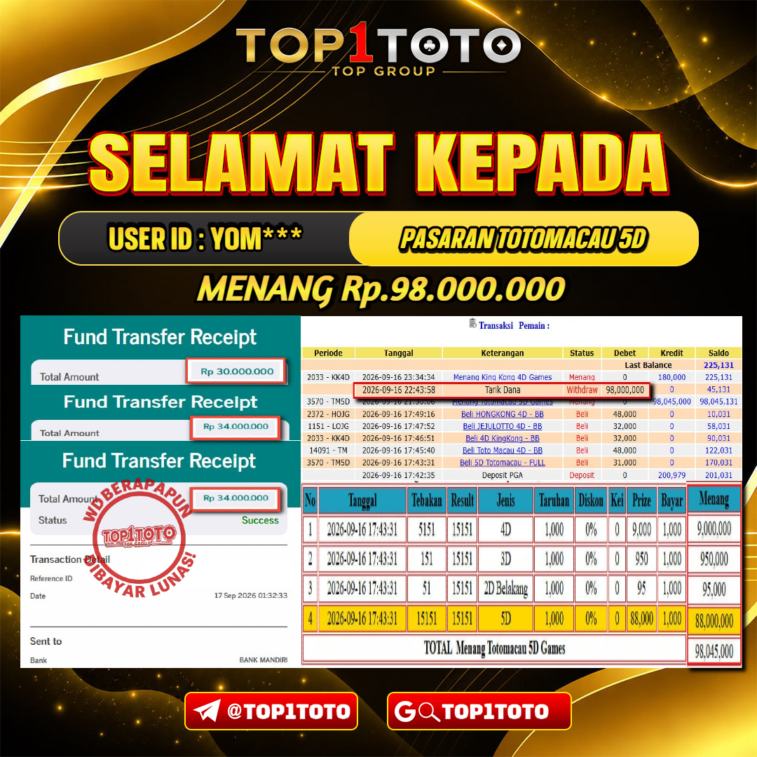 TOP1TOTO JACKPOT TOGEL PASARAN TOTOMACAU 5D Rp.98.000.000 - LUNAS USER ID : YOM***