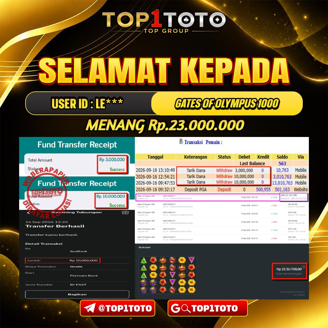 TOP1TOTO JACKPOT SLOT GATES OF OLYMPUS 1000 Rp.23.000.000 - LUNAS USER ID : LE***