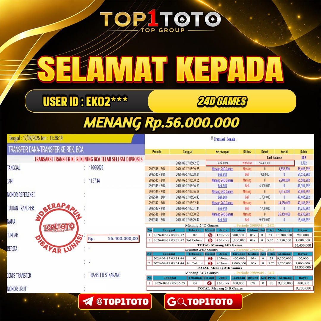 TOP1TOTO JACKPOT LIVE GAMES 24D GAMES Rp.56.000.000 - LUNAS USER ID : EKO2***
