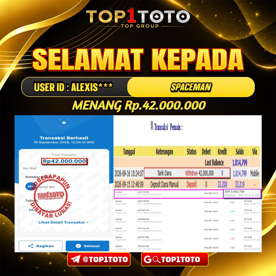 TOP1TOTO JACKPOT SLOT SPACEMAN Rp.42.000.000 - LUNAS USER ID : ALEXIS***