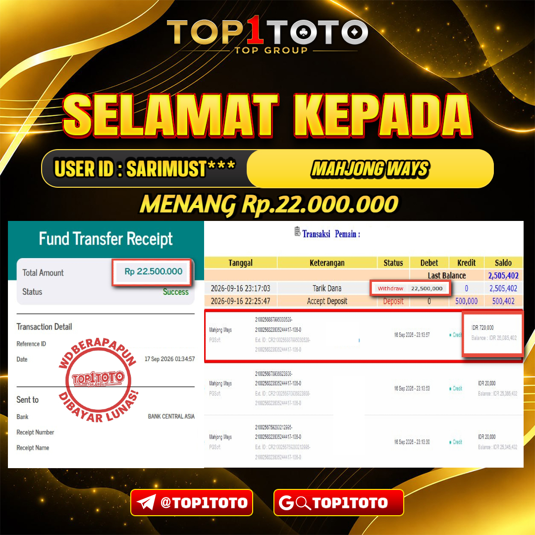 TOP1TOTO JACKPOT SLOT MAHJONG WAYS Rp.22.000.000 - LUNAS USER ID : SARIMUST***
