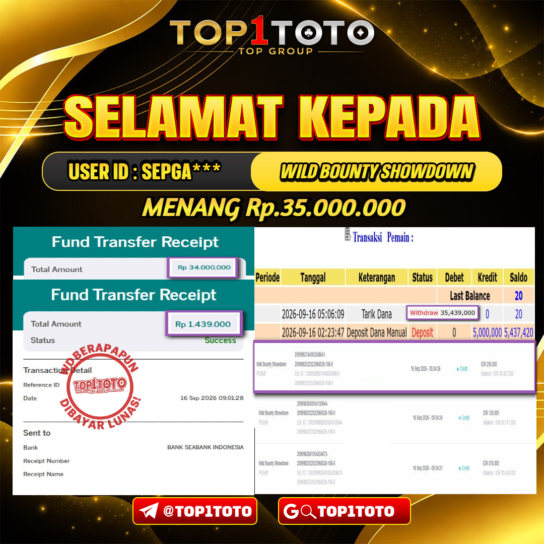 TOP1TOTO JACKPOT SLOT WILD BOUNTY SHOWDOWN Rp 35.000.000 - LUNAS USER ID : SEPGA***