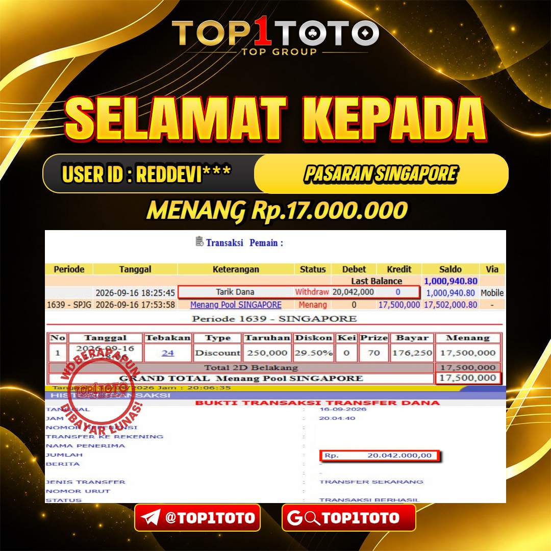 TOP1TOTO JACKPOT TOGEL PASARAN SINGAPORE Rp.17.000.000 - LUNAS USER ID : REDDEVI***