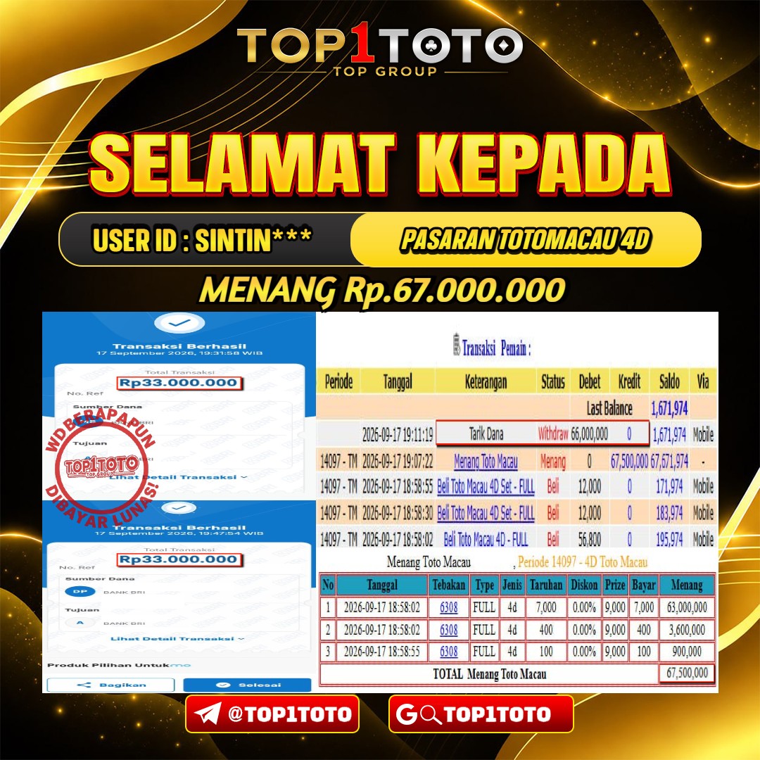 TOP1TOTO JACKPOT TOGEL PASARAN TOTOMACAU 4D Rp.67.000.000 - LUNAS USER ID : SINTIN***