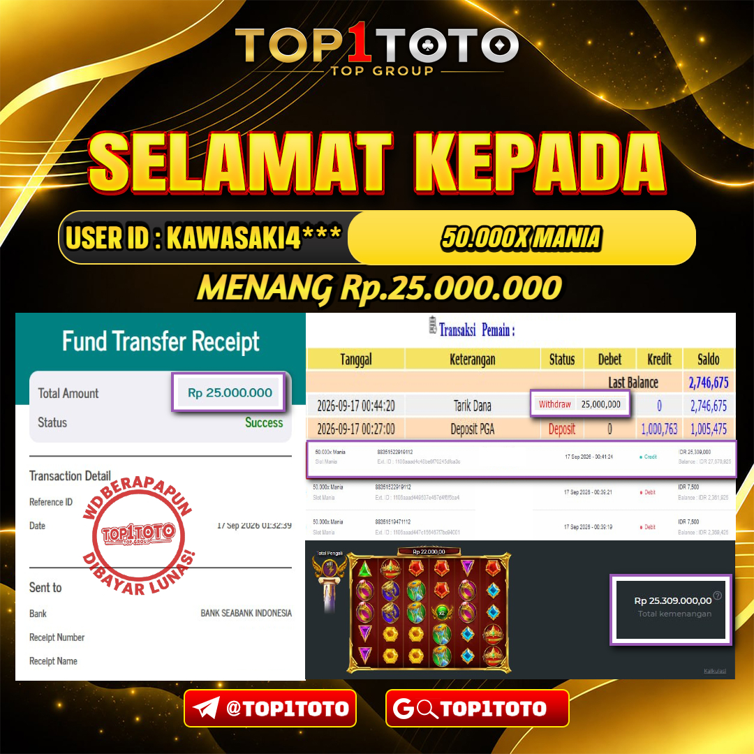 TOP1TOTO JACKPOT SLOT 50.000X MANIA Rp.17.000.000 - LUNAS USER ID : KAWASAKI4***