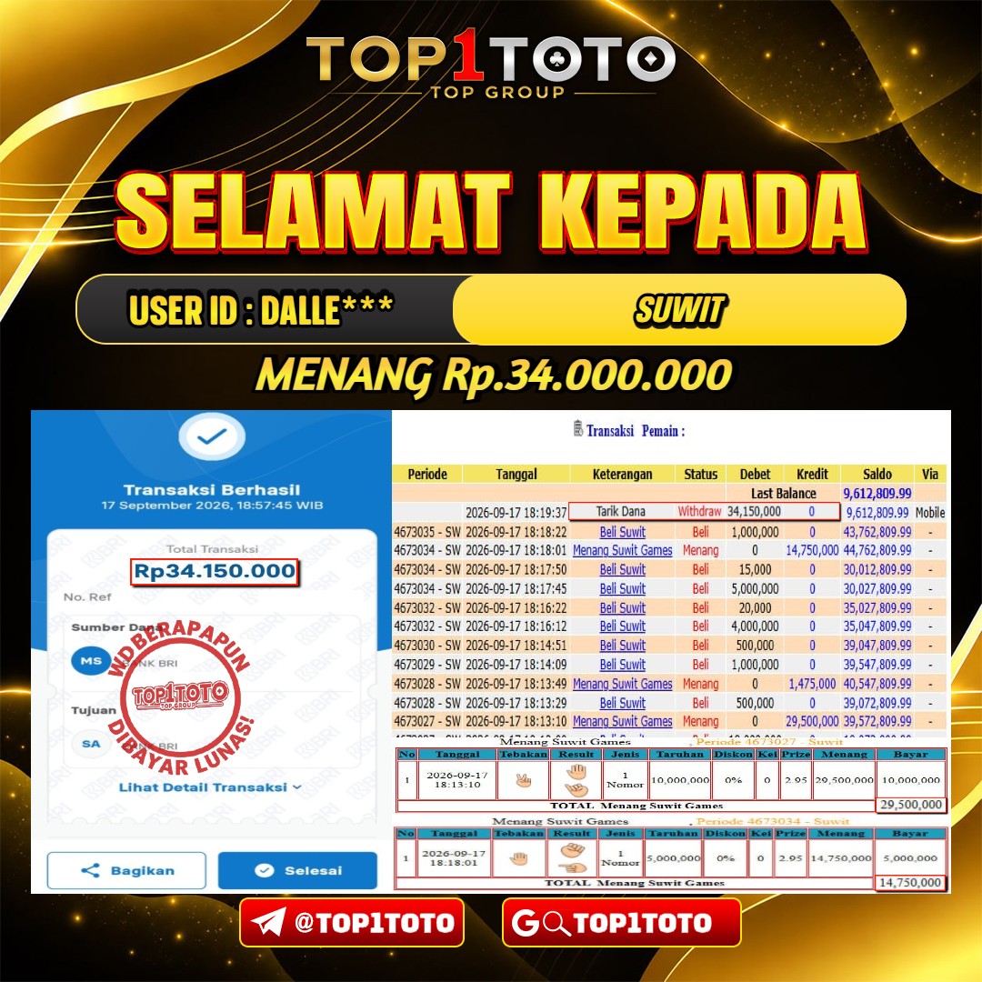 TOP1TOTO JACKPOT LIVE GAMES SUWIT Rp.34.000.000 - LUNAS USER ID : DALLE***